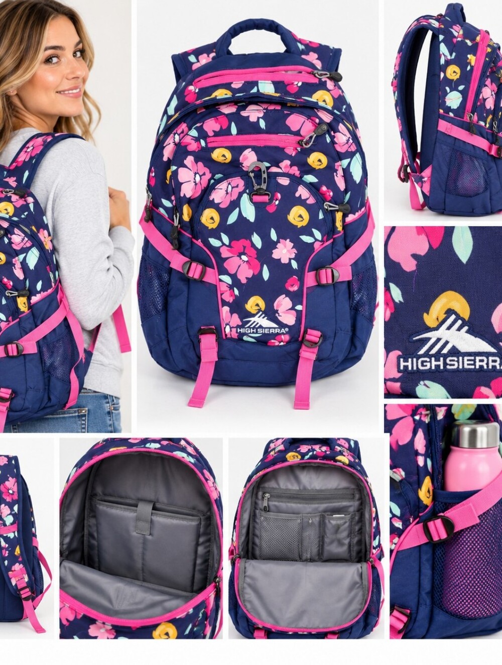 High Sierra Navy Floral Backpack with Pink & Yellow Accents